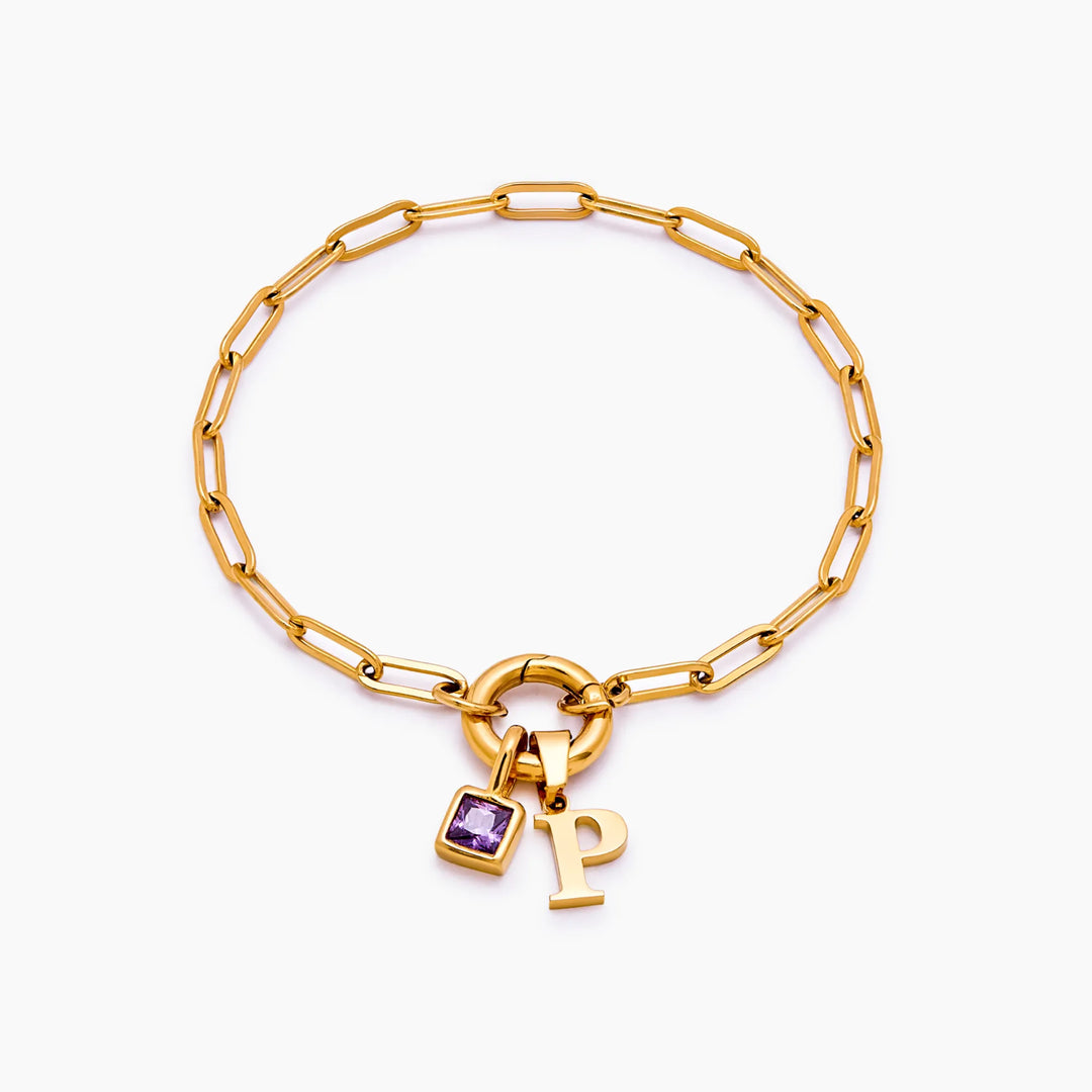 Paperclip Initial Birthstone Bracelet